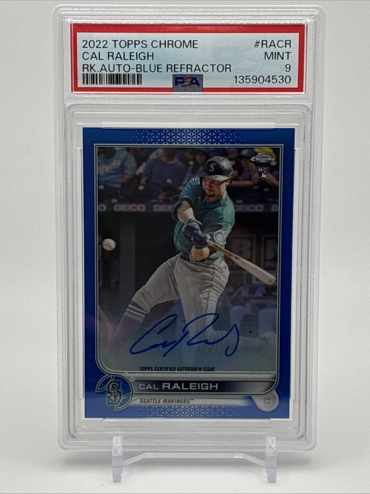 2022 Topps Chrome Rookie Autographs Cal Raleigh #RA-CR Blue Refractor /150 PSA 9