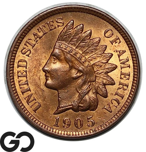 1905 Indian Head Cent Penny, Lustrous Red Brown, Gem BU++ RB