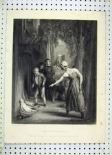 Original Old Antique Print Street Scene Little Boy Lost Woman Mare