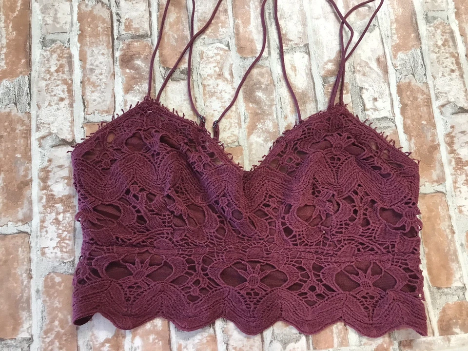Y2K Free People Burgundy Bralette S/P Floral Strappy Crochet Lace Boho Crop Top - Image 2 of 4
