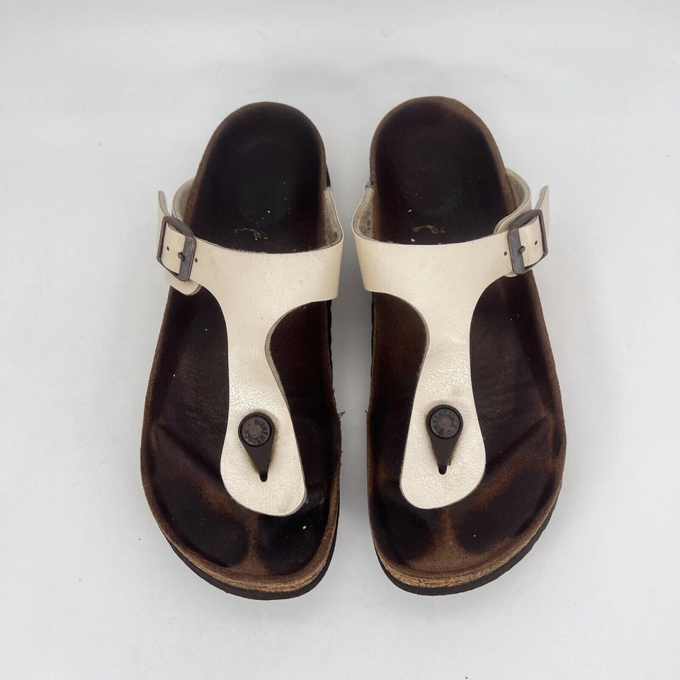 Birkenstock Gizeh 女式 7 码白色 Birko Flor 皮革丁字裤 T 带凉鞋 — 第 4/4 张图片