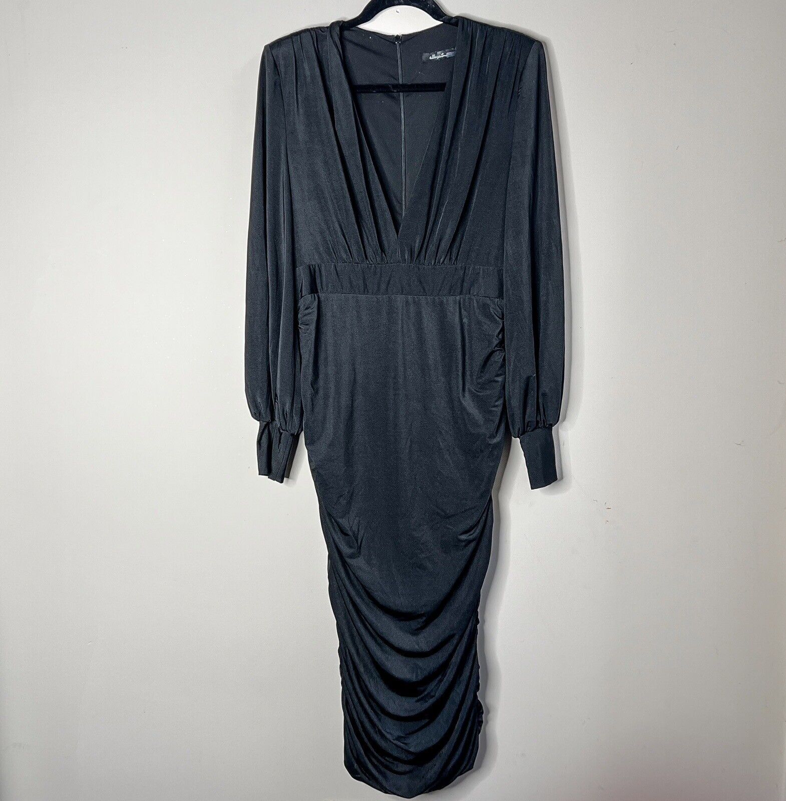 Elle Zeitoune Black Ruched Midi V-neck Dress Size… - image 2