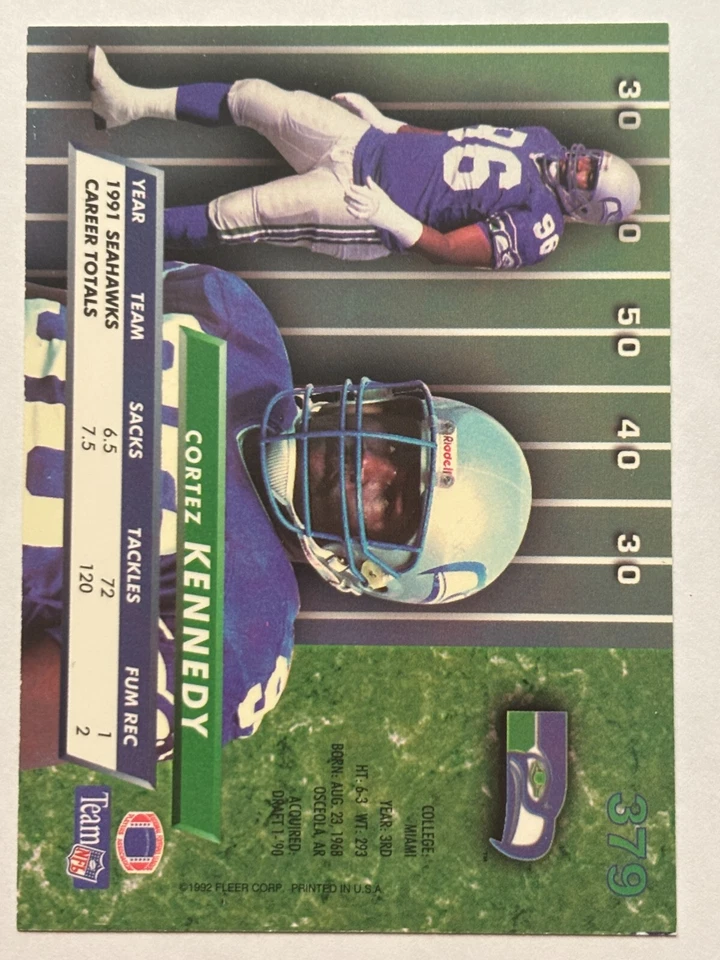 1992 Fleer Ultra #379 Cortez Kennedy Seattle Seahawks - Image 2 of 2