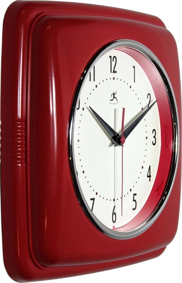 Retro Kitchen Wall Clock Silent Vintage Style Red 9" Square Lightweight Plastic - Image 2 of 4