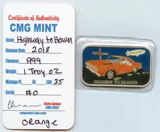 Highway to Heaven Orange Charger CMG Mint 1OZ .999 Fine silver Art Bar #0/35