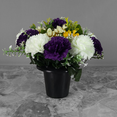 Grabtopf künstliche Seidenblumen lila Honigtau Nelken/gelbe Mini Rosen