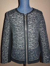 Chico s Black White Gold Fibers Pieced Jacquard Blazer Zip Jacket Size 1 M 8/10