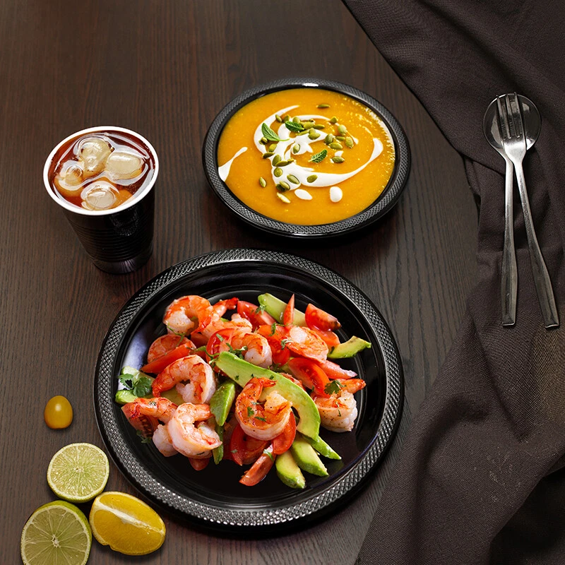 Platos de cena de plástico negros desechables platos redondos de postre de 9" para fiesta Foto 2 de 4