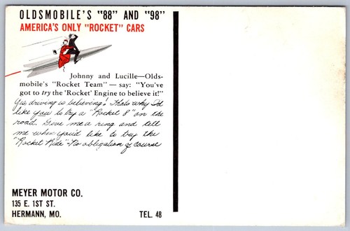 K31/ Hermann Missouri Postcard c1940s Oldsmobile Automobile Ad Rocket 225 - Imagen 2 de 4