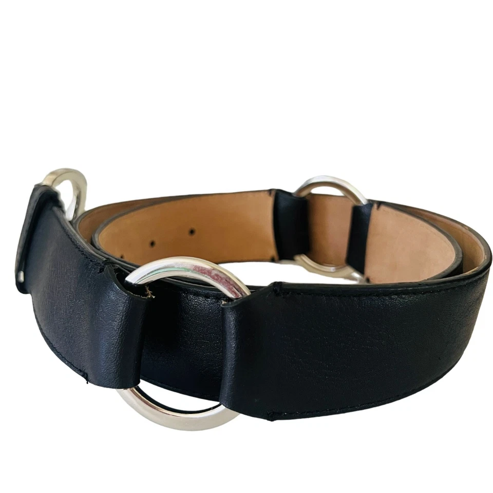 Cinturón Ann Taylor de cuero negro con doble anillo para mujer grande hebilla plateada y diseño Foto 3 de 4