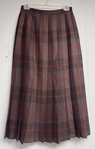Evan Picone Midi Skirt 100% Wool Women Sz 8 Brown Orange Striped Plaid Preppy - Picture 1 of 7