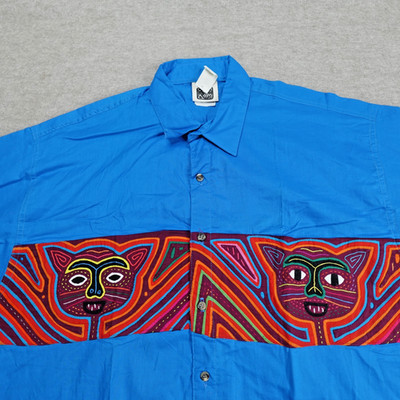 My Name Panama Mens Shirt Large Blue Cats Short Sleeve Vintage NEW