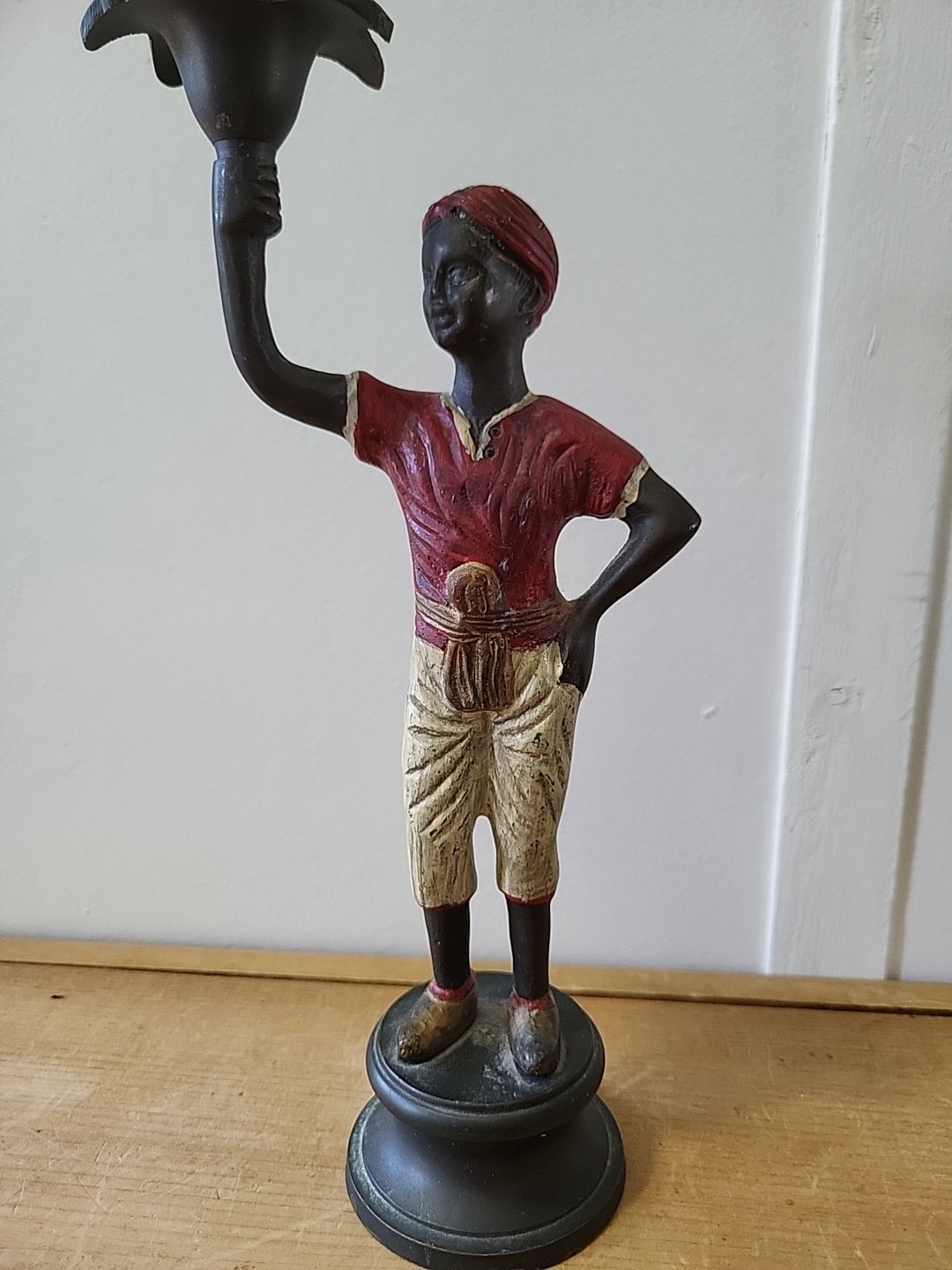 Vintage 90s British Colonial Heavy Iron Blackamoor Palm Candle Holder 10.5 Inches