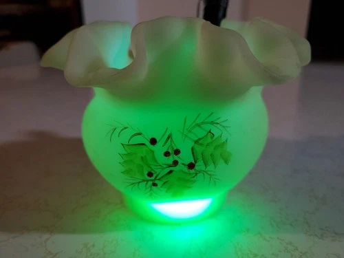 Vintage Hand Painted by S. Webster Small Fenton Uranium Glass Rose Vase