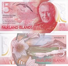 Falkland Islands 5 Pounds 2025 P 20 NEW Polymer King Charles III UNC NR
