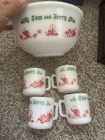 Vintage Hazel Atlas Christmas Cheer Tom and Jerry Punch Bowl Set with 4 Cups