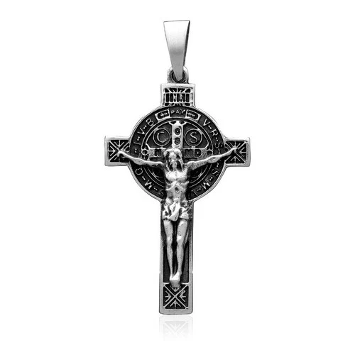Sterling Silver St Benedict Christ Crucifix Catholic Cross Double-Sided Pendant