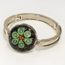 Millefiori Bracelet  Green Coral Floral Atop Copper  Silver Wrist 6.75” circumfr