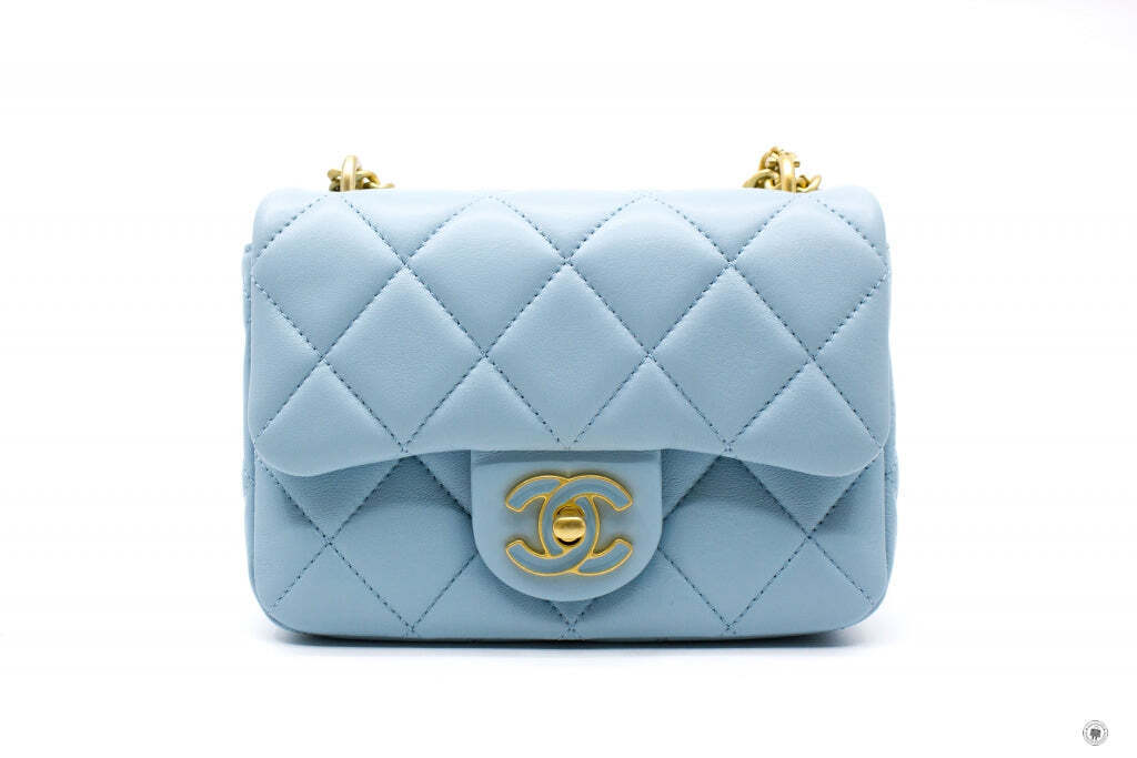 NEW Chanel AS3113B07634 Mini Flap Bag With Enamel And Gold Tone Metal Baby  Blue