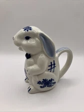Vintage JSNY Bunny Rabbit Blue and White Ceramic Creamer 4.75" Tall