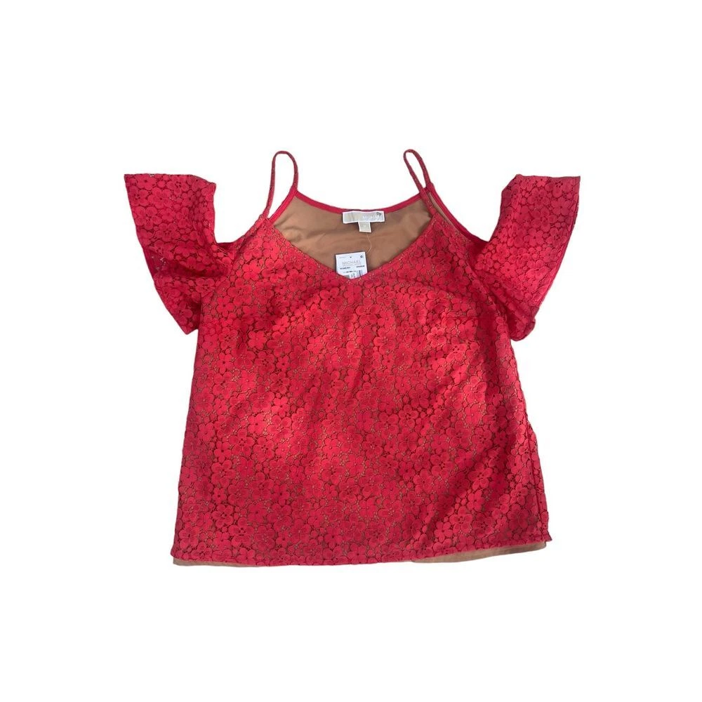 Top Michael Kors nuovo con etichette pizzo spalla fredda catena geranio taglia M prezzo al dettaglio consigliato $125