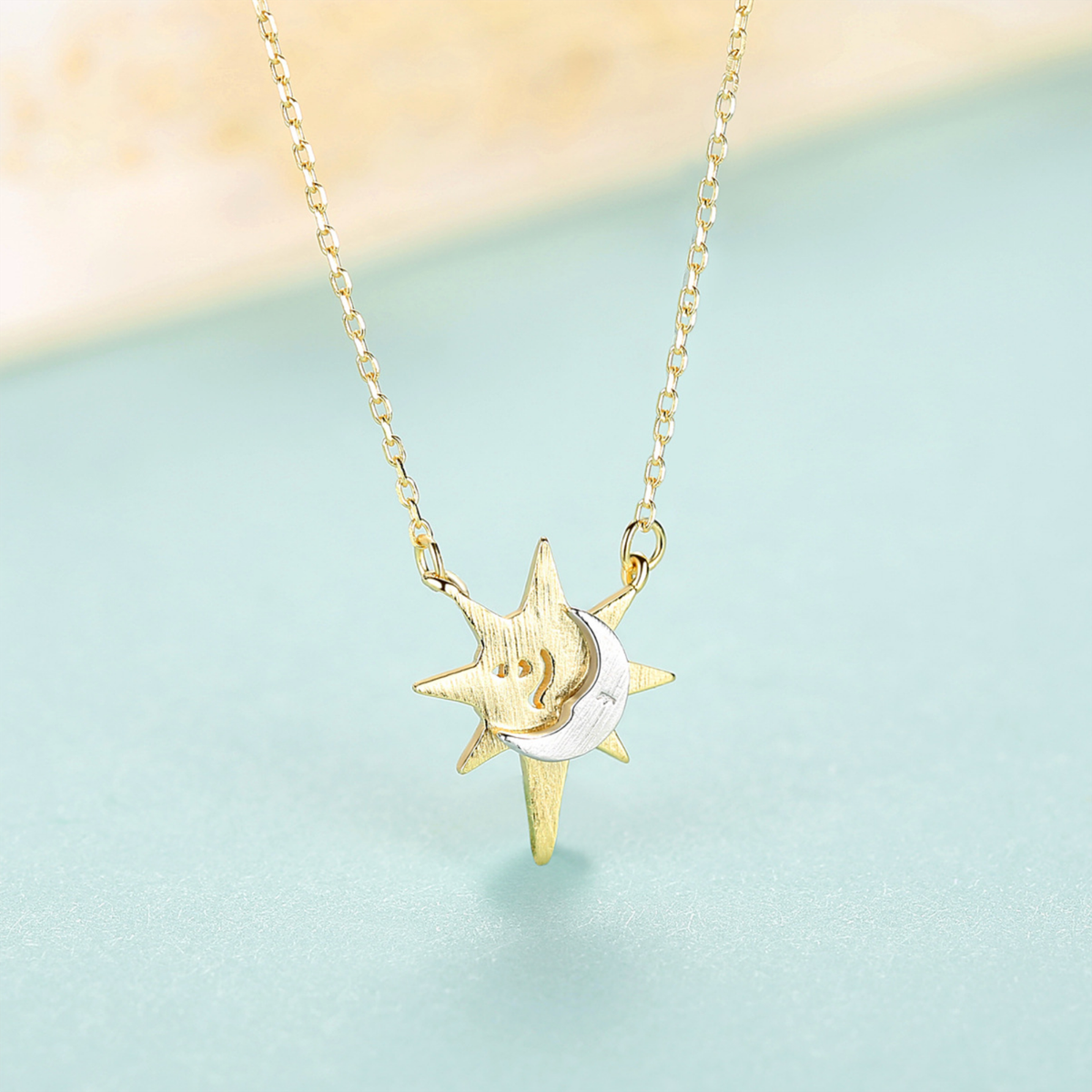 14k Gold Plated Sterling Silver Two Tone Dainty Sun and Moon