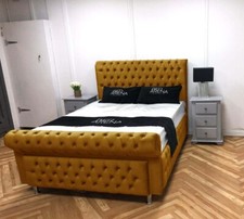 Plush Velvet Sleigh Bed Chesterfield Bed, Bed Frame Double Bed, King, Super King