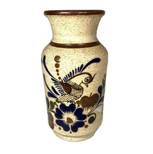 Tonala Mexico Sandstone Pottery Vase Bird Flowers Hand Painted Signed 8.5"