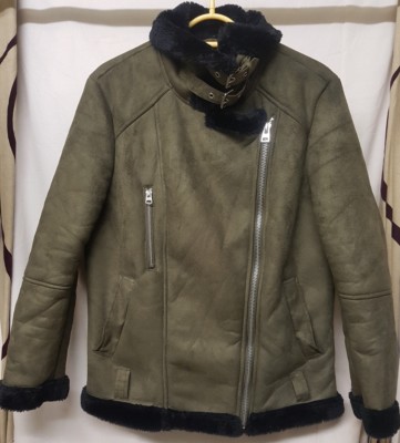 Topshop biker style faux suede khaki green coat, black faux fur lining size  10