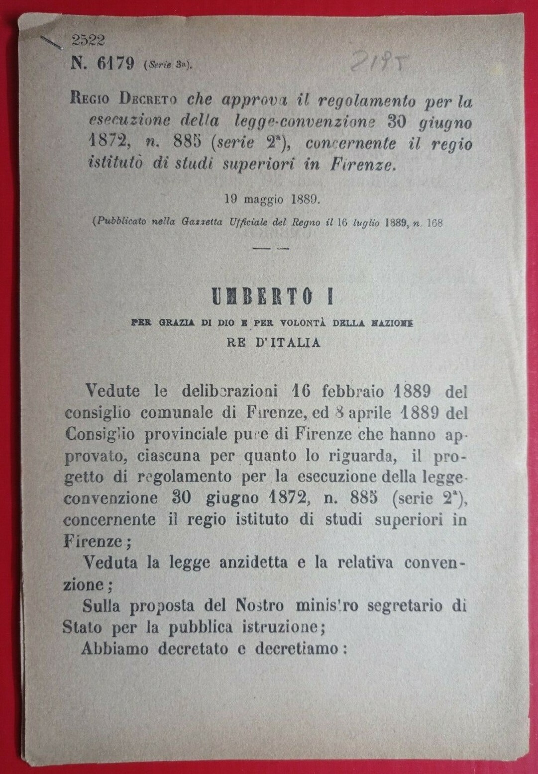 FIRENZE, REGIO DECRETO CONCERNENTE IL REGIO ISTITUTO DI STUDI SUPERIORI-2195