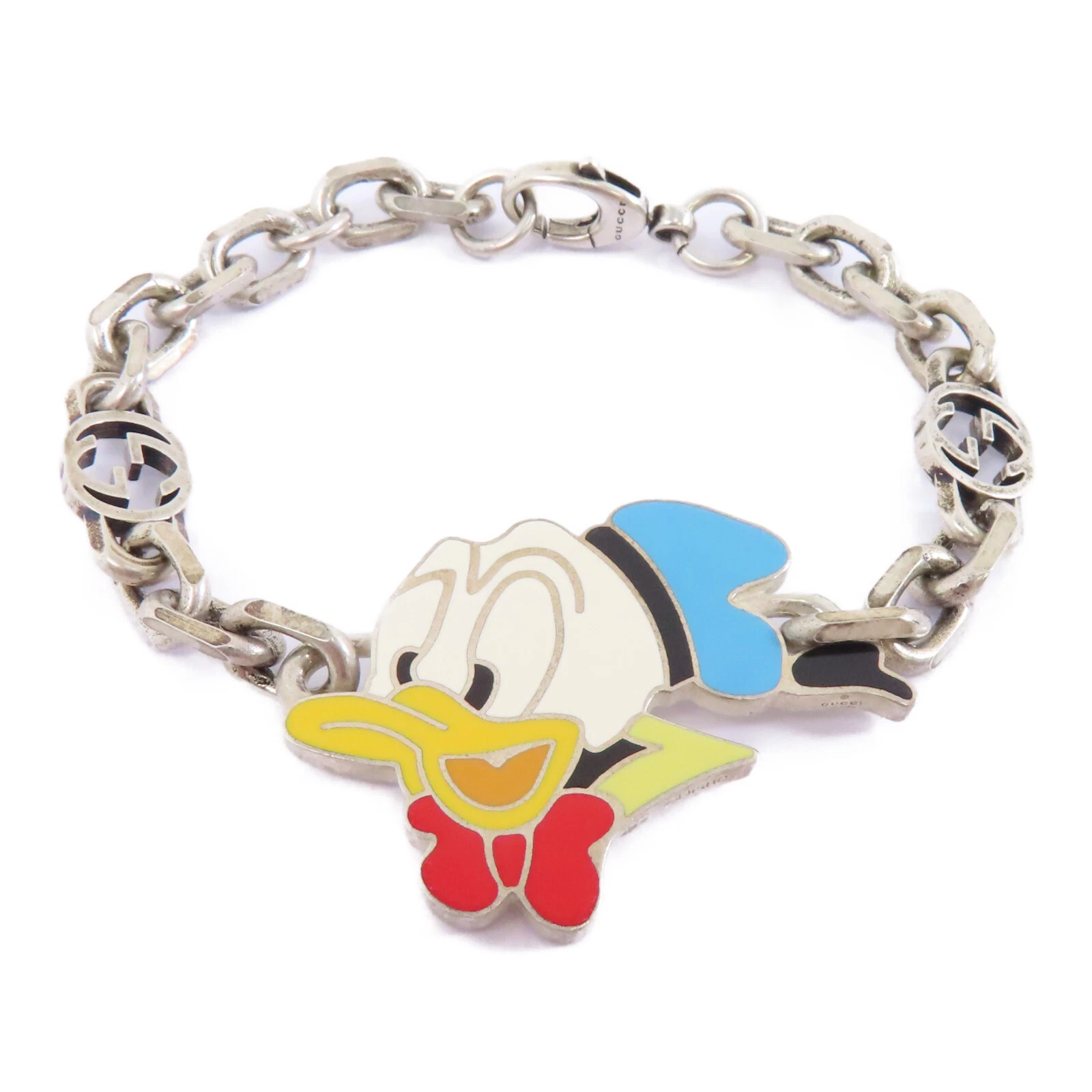 GUCCI GG Donald Duck Bracelet Accessoires Métal Argenté Bleu Clair Blanc