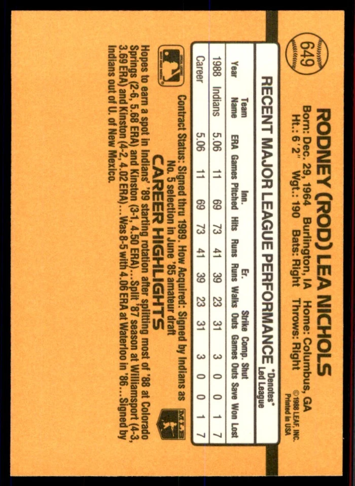 1989 Donruss Rod Nichols Cleveland Indians #649 - Image 2 of 2