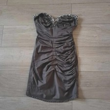 Lipsy Grey Beaded Strapless Short Dress Ruched Stretch Cotton Party Evening UK8