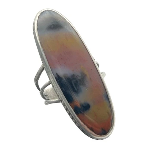 Long Southwestern Landscape Jasper Handcrafted Silver Vintage Ring Sz 4 Natural
