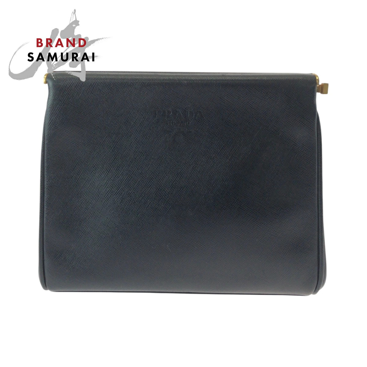 Prada Vintage Saffiano Logo Black Gold Hardware Leather Second Bag Clutch Ladies