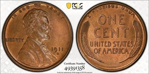 1911-D Unc Lincoln Cent ~ PCGS MS65RB ~ TrueView!