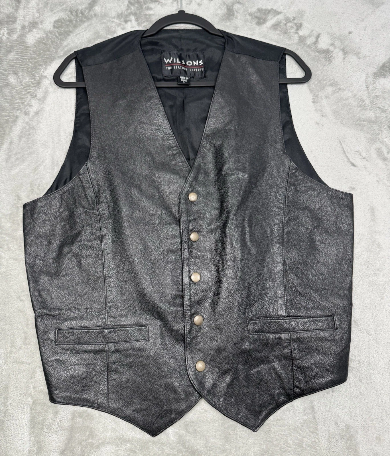 Vintage Wilsons Leather Vest Mens Large L Black Snap Biker Motorcycle 90s Y2K