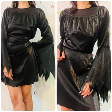 Vintage Black Romantic Goth Mini Dress Bell Sleeves Witchy Dress Cosplay - M