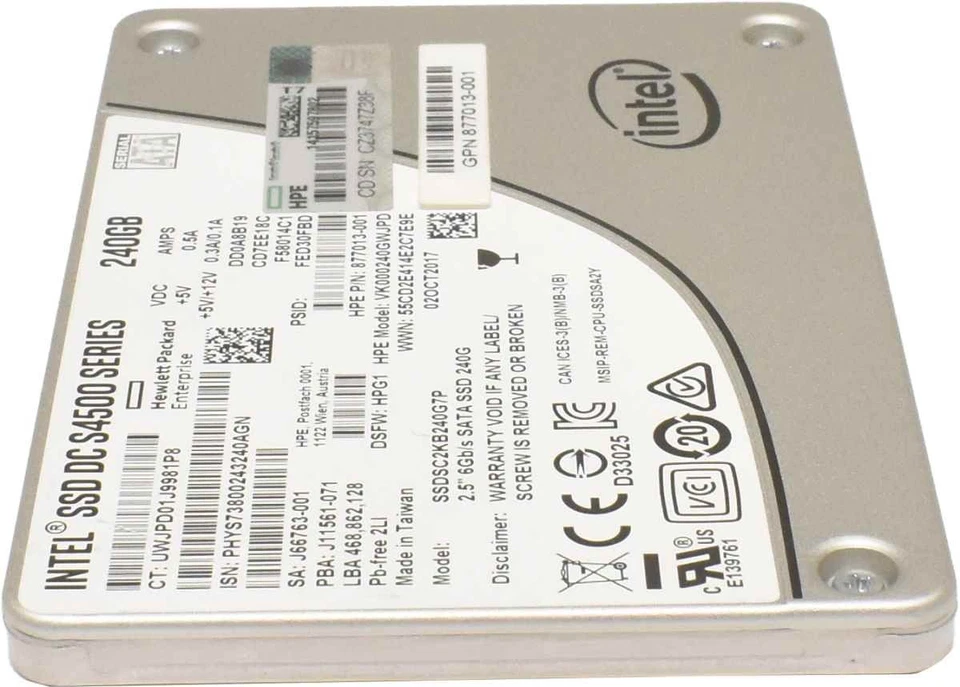 HPE Intel DC S4500 Series 240GB 2.5“ 6Gbps SATA-III SSD SSDSC2KB240G7P PC Sever 