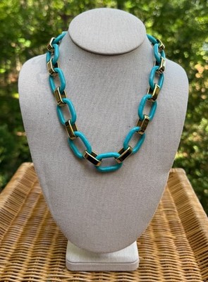 Michael Kors Gold Tone & Turquoise Blue Chainlink Toggle Statement Necklace