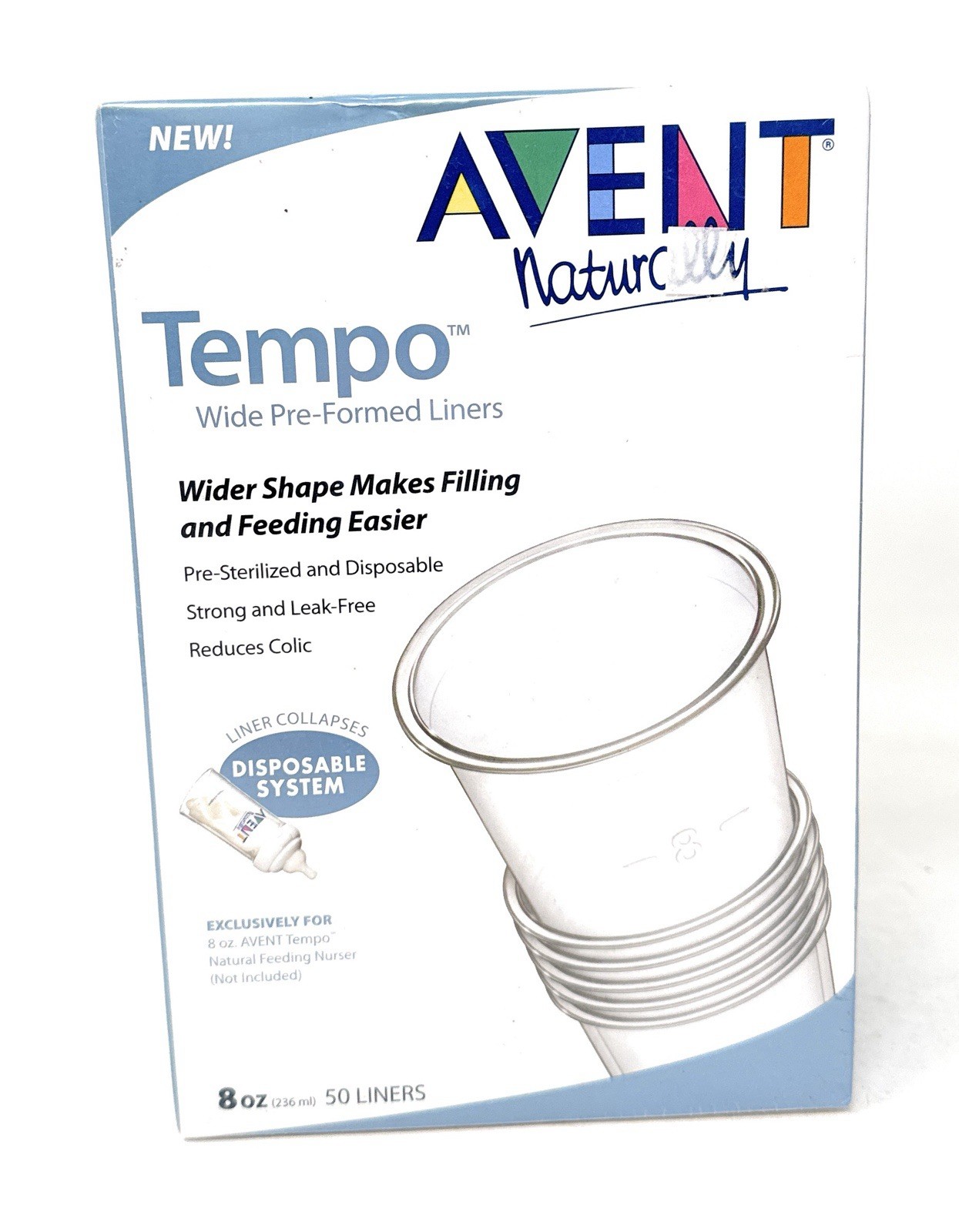 NIP Discontinued AVENT Tempo 8 Oz 50 Count Pre-formed Wide Bottle Liners Sealed!