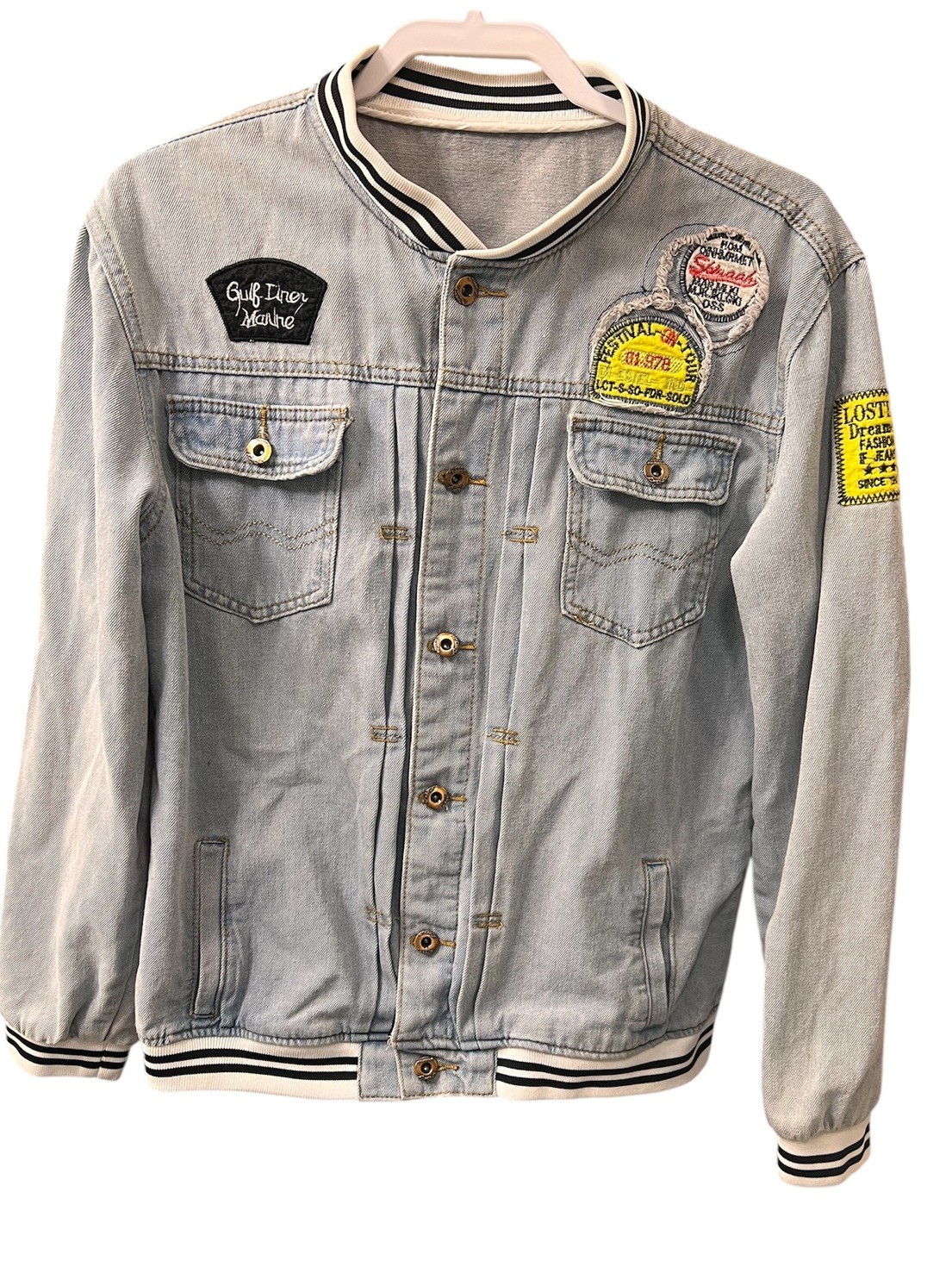 Vintage Style Patchwork Denim Varsity Jacket Bomb… - image 6