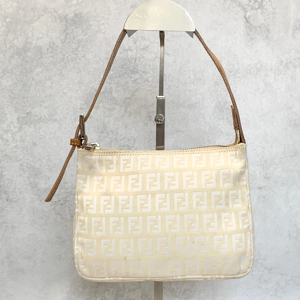 FENDI Handbag Shoulder Bag Zucchino Canvas Accessory Pouch Purse Leather Used - Image 3 of 4