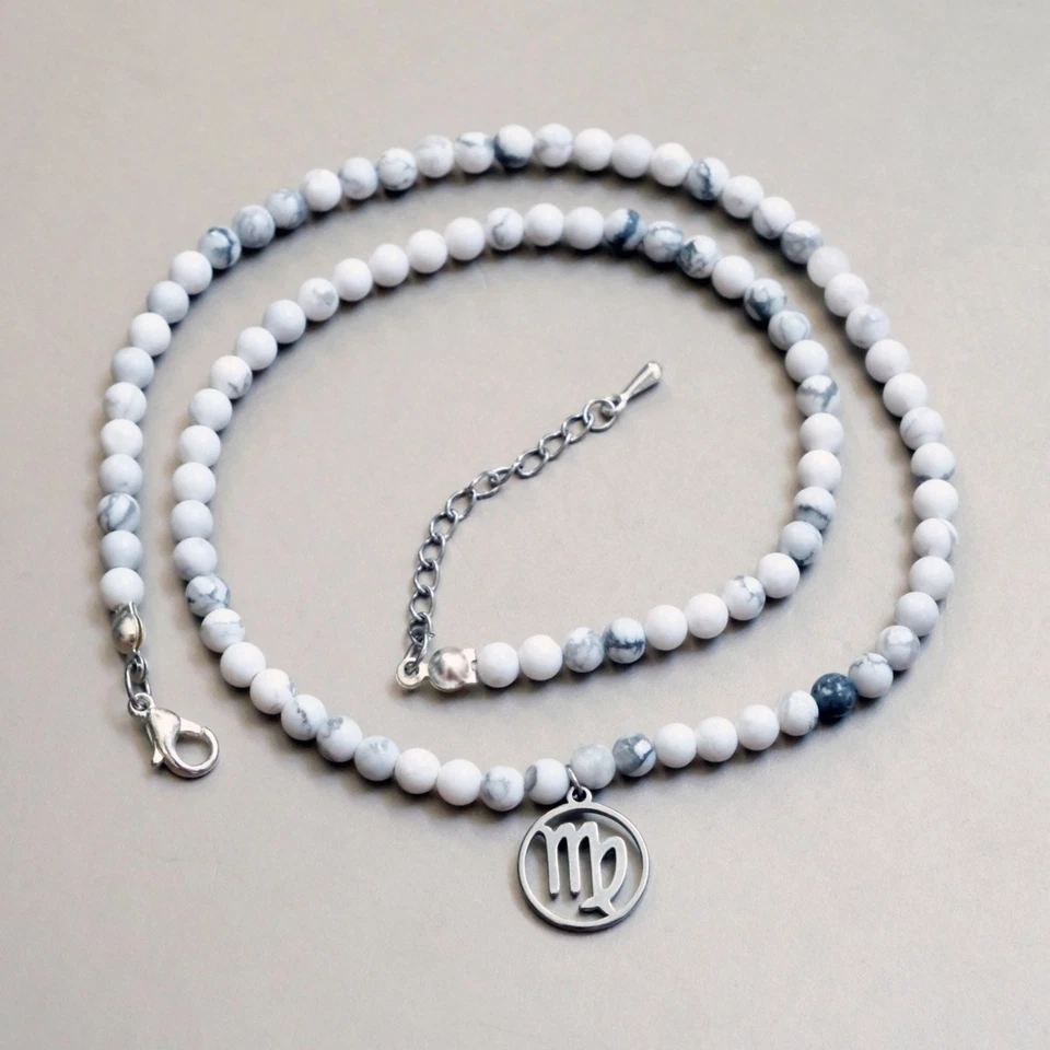 Howlith Halskette – 4mm Perlen mit Sternzeichen Anhänger, Astrologie Schmuck - Bild 2 von 4