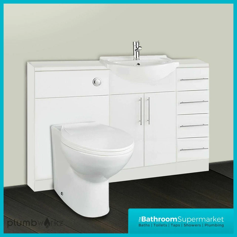 Bathroom Furniture Suite Vanity Unit Cabinet Toilet Basin Back To Wall 3 Drawer