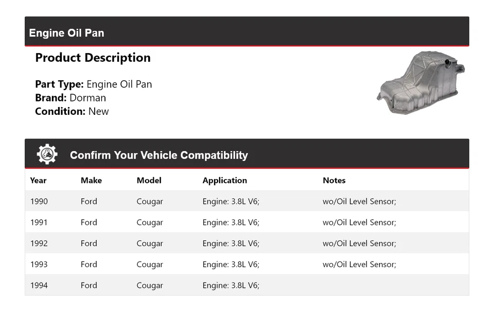 Para Ford Cougar 1990-1994 3,8 L V6 Dorman motor cárter de aceite 1991 1992 1993 Foto 2 de 4