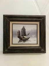 Chinese Seascape Painting Junk Boat On Canvas Wooden Frame Y. CHENG Vintage Art
