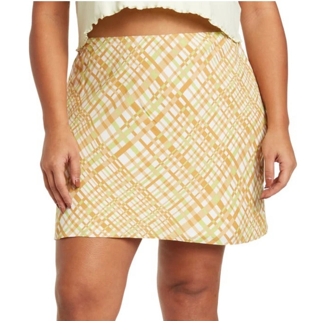 New BP Plaid Print Mini Skirt 90s Slip Short Skirt Ivory Tan Green Size 3X