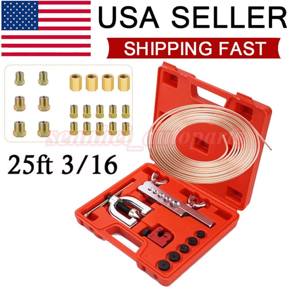 Brake Line Pipe Repair 20 Nuts Fittings Kit 3/16 25ft Copper Pipe Flaring Tools