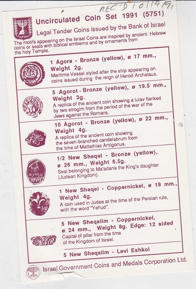 KAPPYSCOINS E1009 OFFICAL ISRAEL 1991  SEVEN  COIN   MINT COIN SET  W/COA - Image 3 of 3